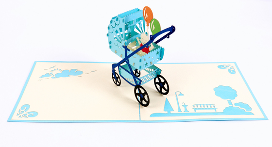 Baby Pram 3D Pop Up การ์ดอวยพรพร้อมซองสีขาว CMYK Color Offset Printing